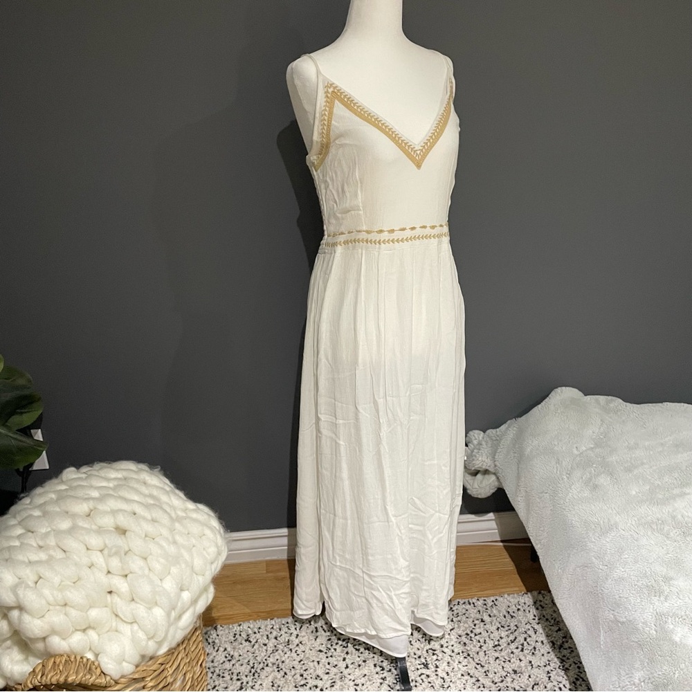 White & Tan Spaghetti Strap Maxi Dress With Smocked Back